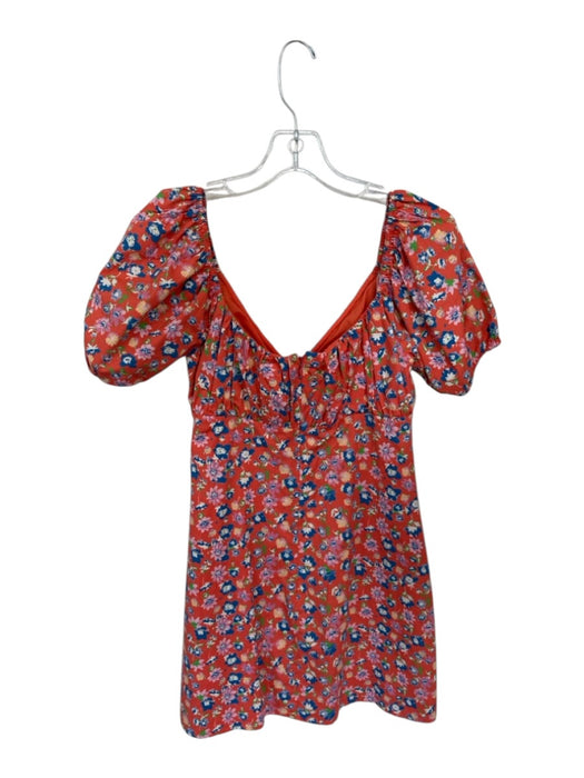 Wayf Size S Orange & Blue Cotton Short Balloon Sleeve Flowers Back Zip Dress Orange & Blue / S