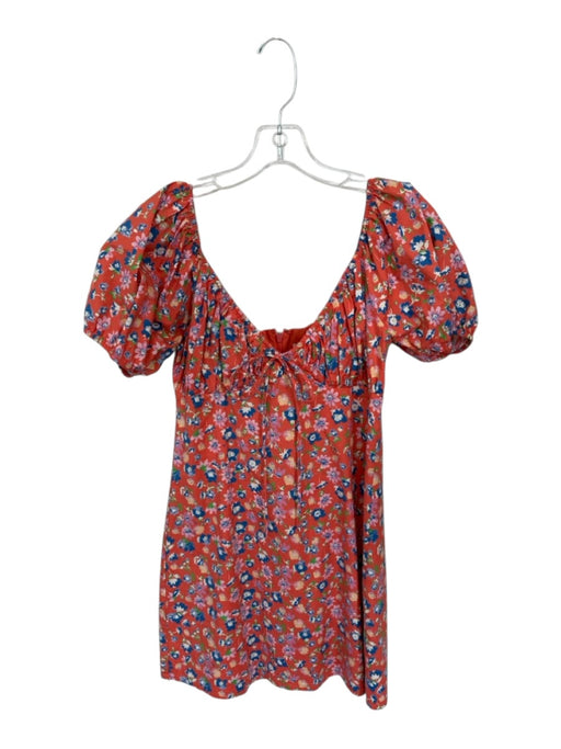 Wayf Size S Orange & Blue Cotton Short Balloon Sleeve Flowers Back Zip Dress Orange & Blue / S