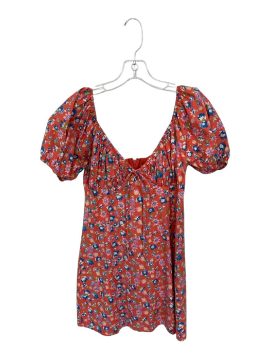 Wayf Size S Orange & Blue Cotton Short Balloon Sleeve Flowers Back Zip Dress Orange & Blue / S