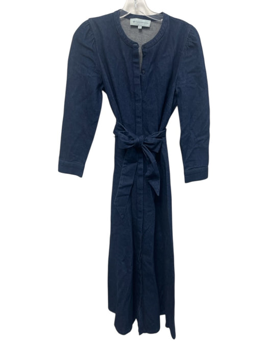 Tuckernuck Size S Navy Cotton Denim Button Down Puff Shoulder Long Sleeve Dress Navy / S
