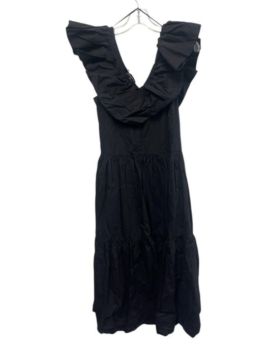 Pomander Place Size S Black Cotton V Neck Ruffle Detail Cap Sleeve Dress Black / S