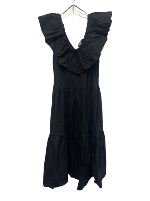 Pomander Place Size S Black Cotton V Neck Ruffle Detail Cap Sleeve Dress Black / S