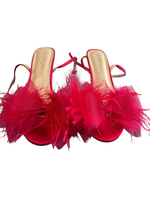 Betsy Johnson Shoe Size 8 Red Sateen Feathers Mid Heel Ankle Buckle Shoes Red / 8