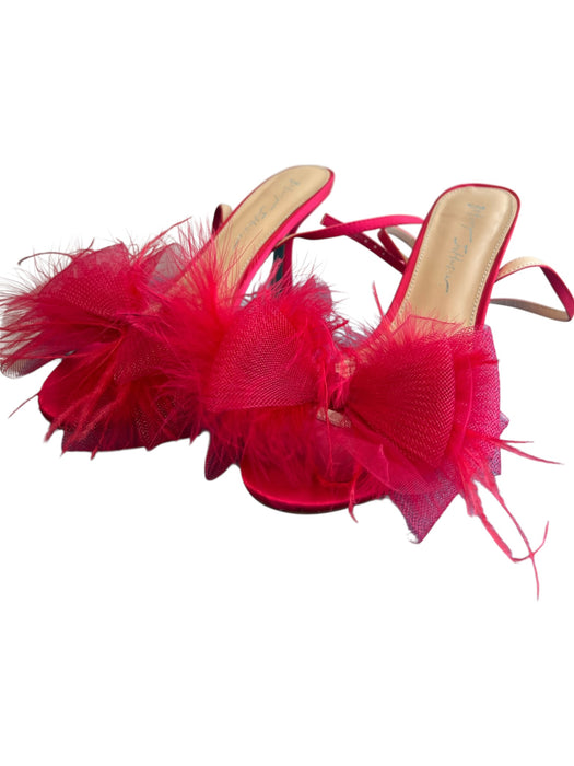 Betsy Johnson Shoe Size 8 Red Sateen Feathers Mid Heel Ankle Buckle Shoes Red / 8