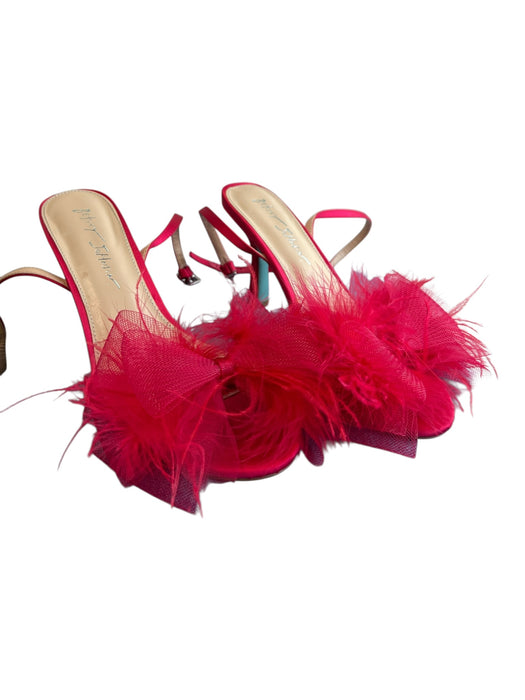Betsy Johnson Shoe Size 8 Red Sateen Feathers Mid Heel Ankle Buckle Shoes Red / 8