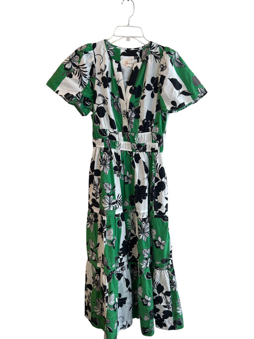 By Anthropologie Size Small Green, Black & White Cotton round split neck Dress Green, Black & White / Small