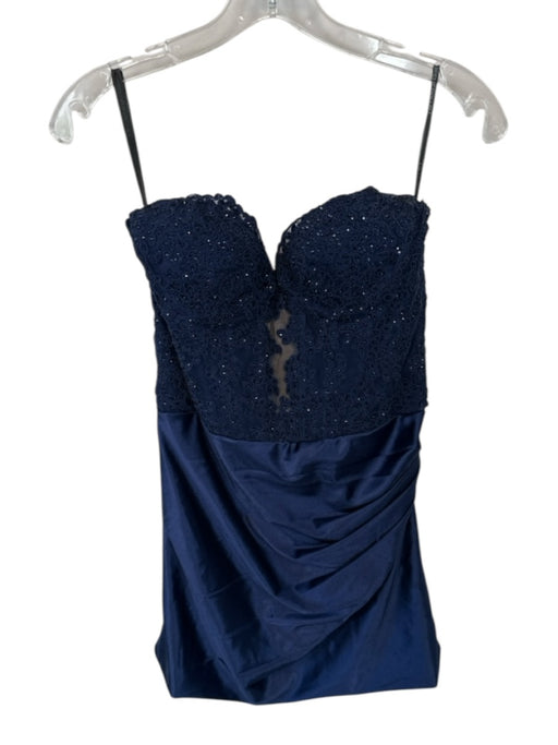 Sherri Hill Size 10 Navy Polyester Bedazzled Mesh Detail Strapless Mini Gown Navy / 10