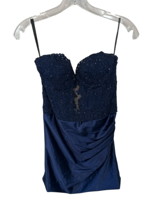 Sherri Hill Size 10 Navy Polyester Bedazzled Mesh Detail Strapless Mini Gown