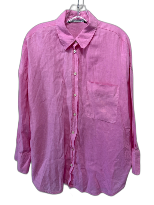Zara Size M Pink Linen Long Sleeve Button Up Breast Pocket Shirt Top Pink / M