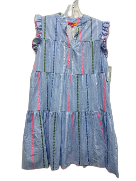 Vilagallo Size 42 Light Blue, Pink & Multi Cotton Ruffle Cap Sleeve Print Dress Light Blue, Pink & Multi / 42