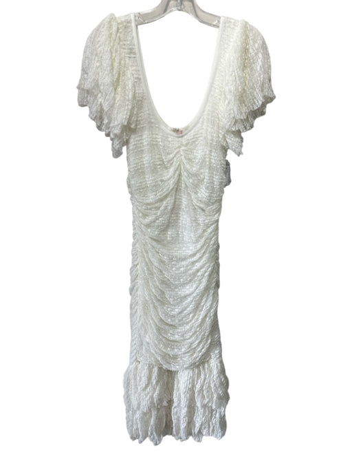 Cinq a Sept Size 10 White Polyamide Blend Lace Ruched Short Sleeve Midi Dress White / 10