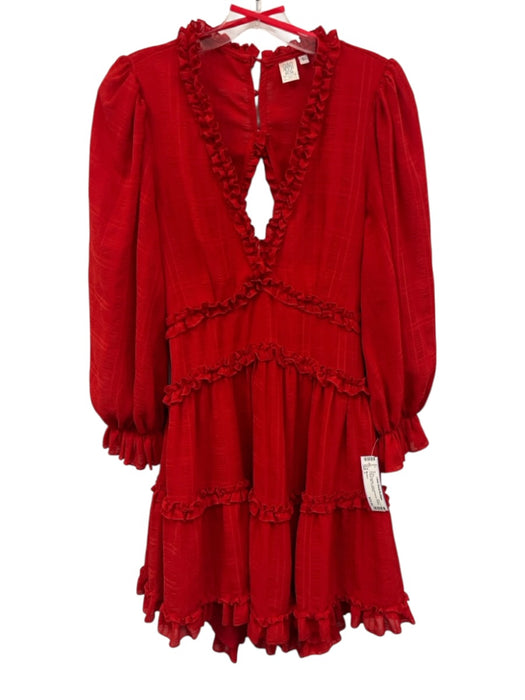 Musette Size L Red Polyester Long puff sleeve Ruffles V Neck Mini Dress Red / L