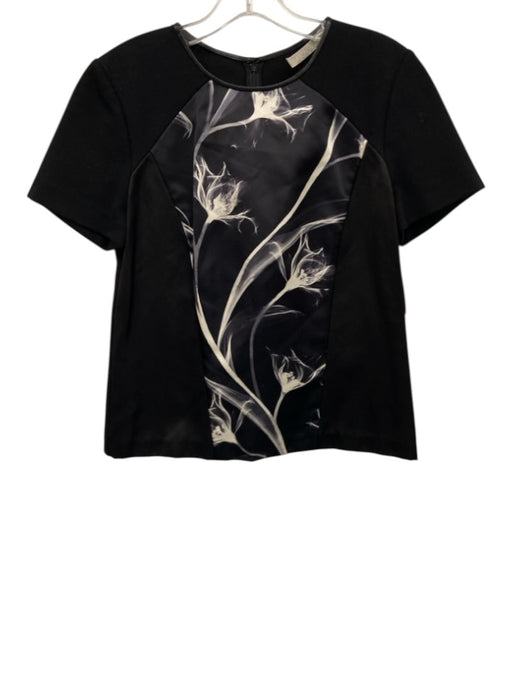 Jason Wu Size XS Black & White Silk Blend Short Sleeve Floral Satin Top Black & White / XS