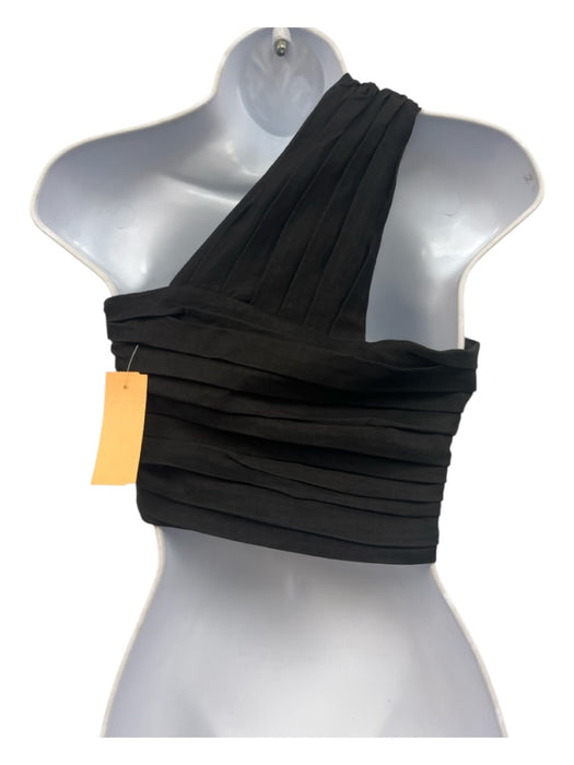 A.L.C. Size 2 Black Linen Blend One Shoulder Pleated Side Zip Cropped Top Black / 2