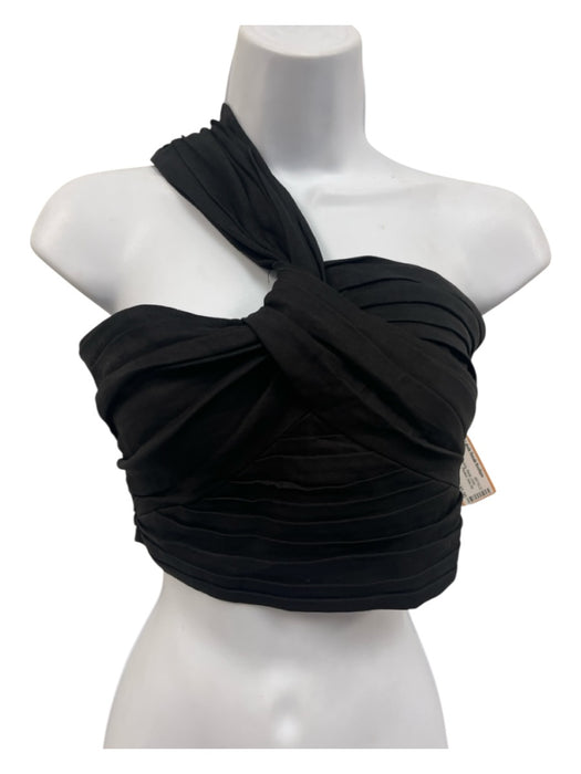 A.L.C. Size 2 Black Linen Blend One Shoulder Pleated Side Zip Cropped Top Black / 2