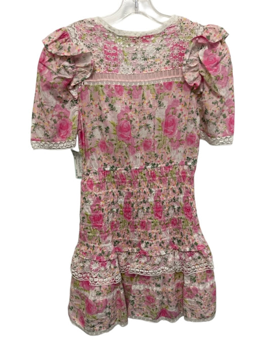 Loveshackfancy Size XS Pink, Green, White Cotton Shirred Floral Lace Trim Dress Pink, Green, White / XS