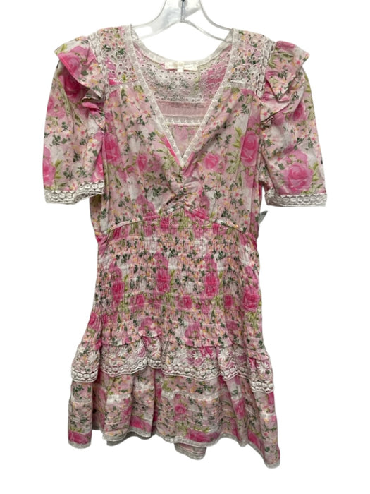 Loveshackfancy Size XS Pink, Green, White Cotton Shirred Floral Lace Trim Dress Pink, Green, White / XS