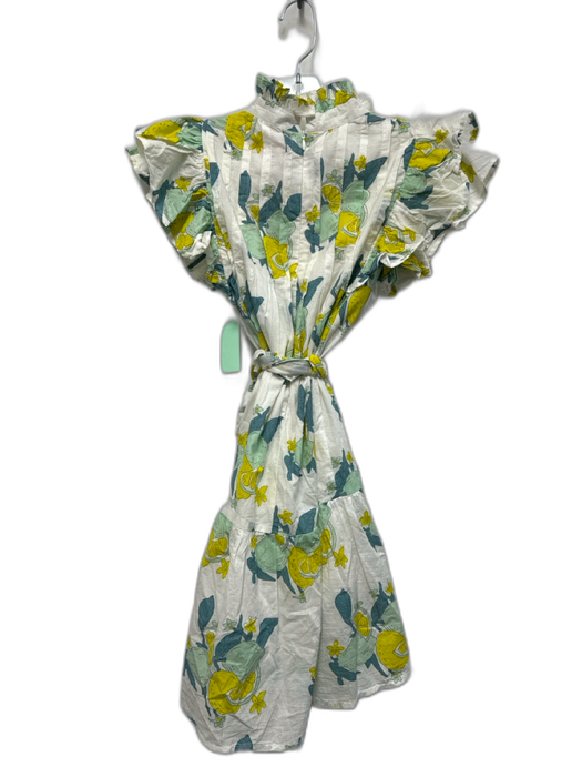 Victoria Dunn Size XS White, Green & Yellow Cotton Short Ruffle Sleeve Dress White, Green & Yellow / XS