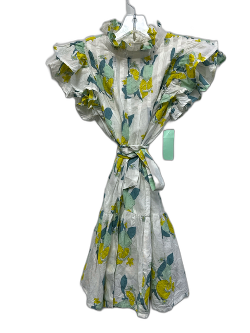 Victoria Dunn Size XS White, Green & Yellow Cotton Short Ruffle Sleeve Dress White, Green & Yellow / XS