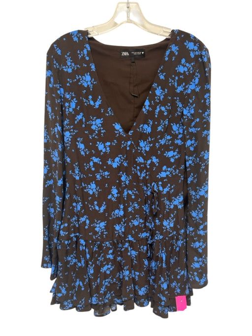 Zara Size S Black & Blue Polyester Long Sleeve Floral Mini Faux Wrap Dress Black & Blue / S
