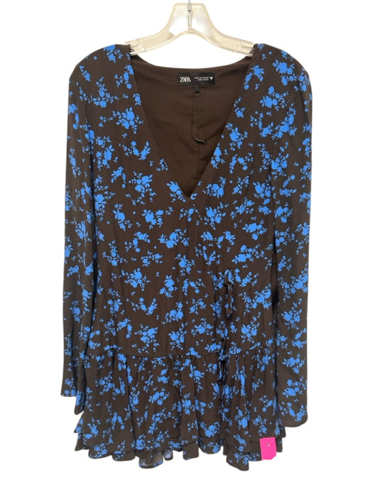 Zara Size S Black & Blue Polyester Long Sleeve Floral Mini Faux Wrap Dress Black & Blue / S