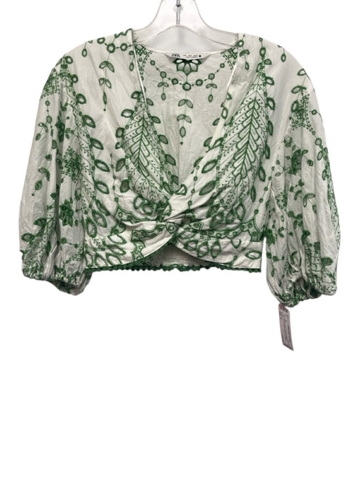 Zara Size S Green & White Cotton 3/4 Balloon Sleeve Eyelet Twist Front Top Green & White / S