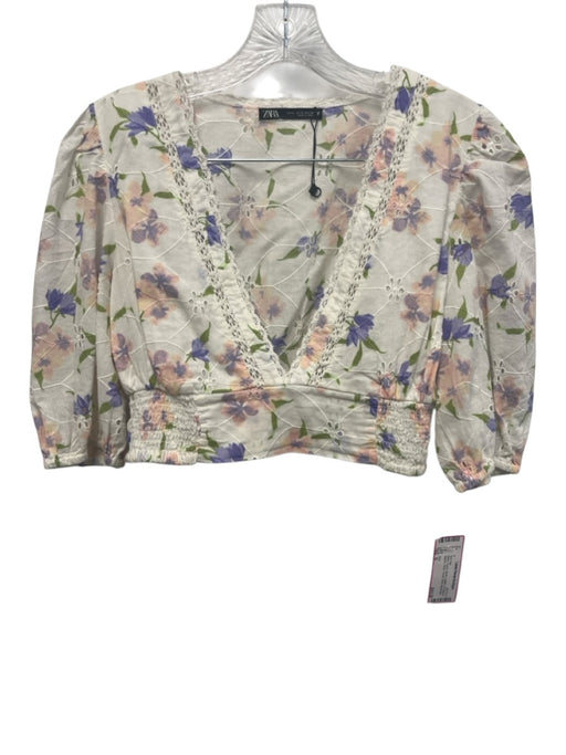 Zara Size S White, Purple, Green Cotton 3/4 Balloon Sleeve Floral Skirt Set White, Purple, Green / S