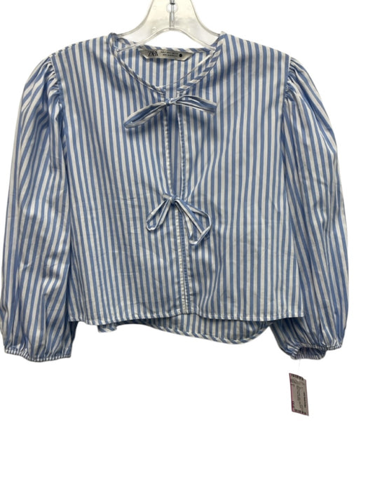 Zara Size S Light blue & white Cotton Long Sleeve Striped V Neck Top Light blue & white / S