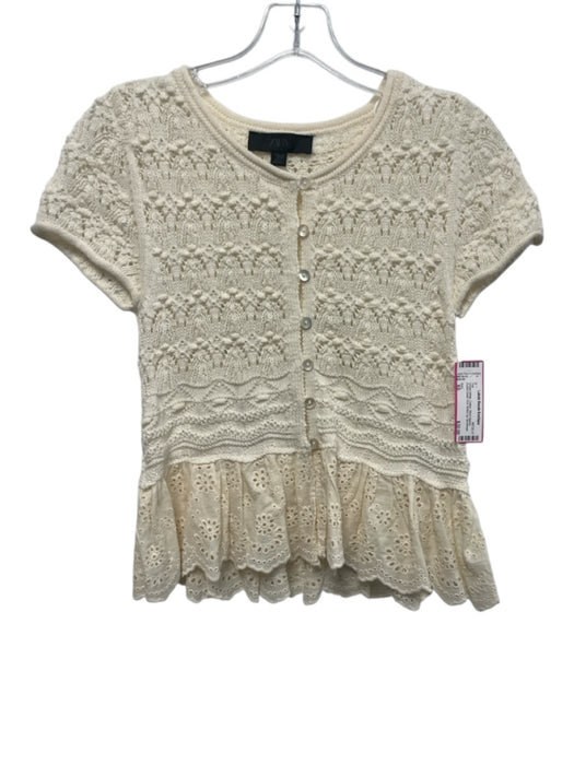 Zara Size XS Cream White Cotton Short Sleeve Eyelet Detail Knit Button up Top Cream White / XS