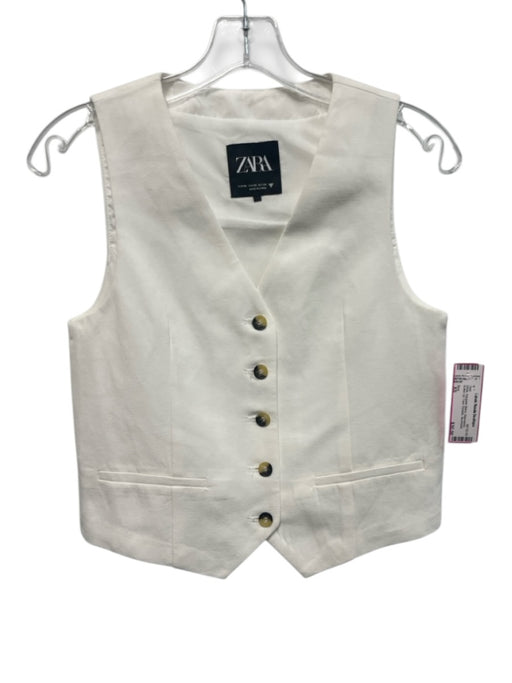 Zara Size XS White Polyester Blend Sleeveless Button Up Faux Pockets Vest White / XS