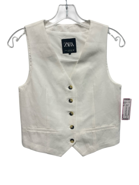 Zara Size XS White Polyester Blend Sleeveless Button Up Faux Pockets Vest White / XS