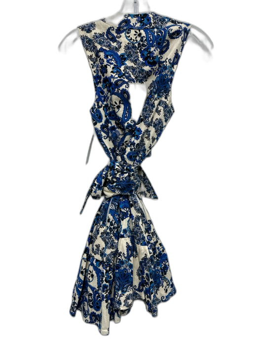Christian Lacroix Size S Cream, Blue & Black Linen Sleeveless Floral Wrap Dress Cream, Blue & Black / S