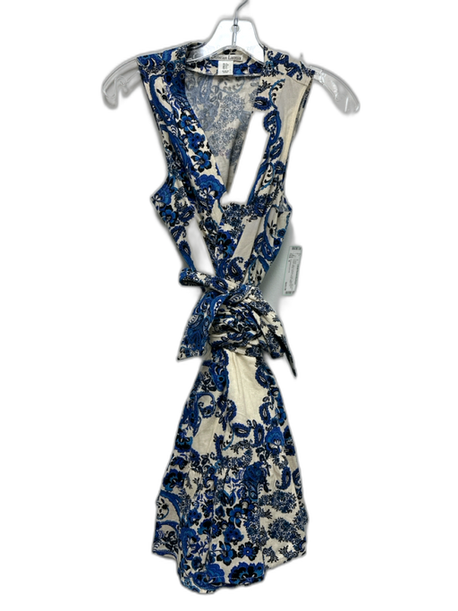 Christian Lacroix Size S Cream, Blue & Black Linen Sleeveless Floral Wrap Dress Cream, Blue & Black / S