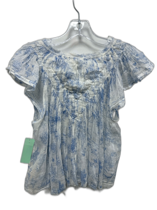 Free People One Size XS White & Blue Cotton Ruffle Cap Sleeve V Neck Raw Hem Top White & Blue / XS