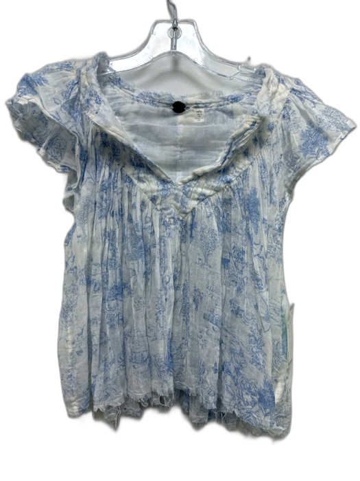 Free People One Size XS White & Blue Cotton Ruffle Cap Sleeve V Neck Raw Hem Top White & Blue / XS