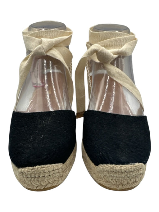 L.K. Bennett Shoe Size 36 Black & Beige Canvas Raffia Ankle Wrap Wedges Black & Beige / 36