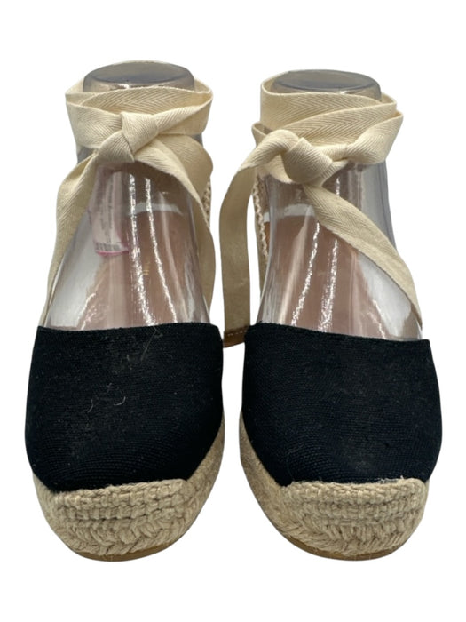 L.K. Bennett Shoe Size 36 Black & Beige Canvas Raffia Ankle Wrap Wedges Black & Beige / 36