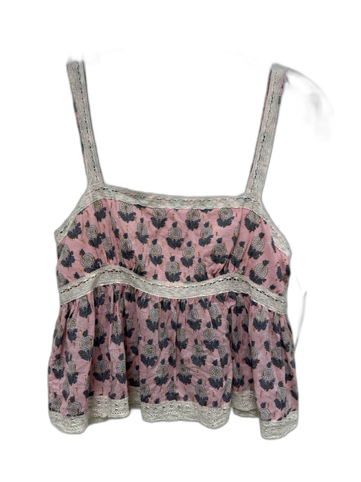 Free People Size XS Pink, Gray & Gold Cotton Sleeveless Lace Trim Floral Top Pink, Gray & Gold / XS