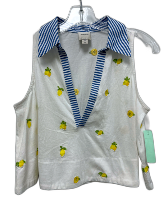Maeve Size XSP White, Yellow & Blue Cotton Sleeveless Embroidered Lemon Top White, Yellow & Blue / XSP