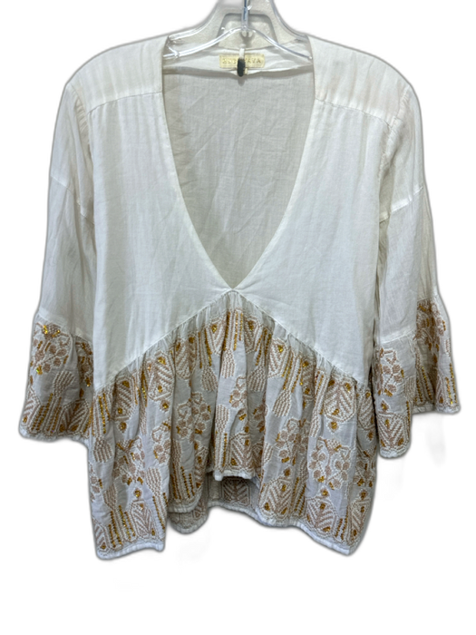 Ruby Yaya Size XS White & Gold Cotton Sequin Embroidery 3/4 Sleeve Top White & Gold / XS