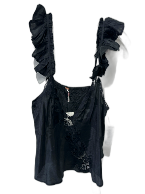 Free People Size M Black Viscose Sleeveless Lace Ruffle Detail camisole Top Black / M