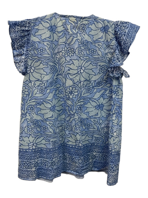Bindu Size XS Blue Cotton Cap Sleeve Split Neck Floral Top Blue / XS