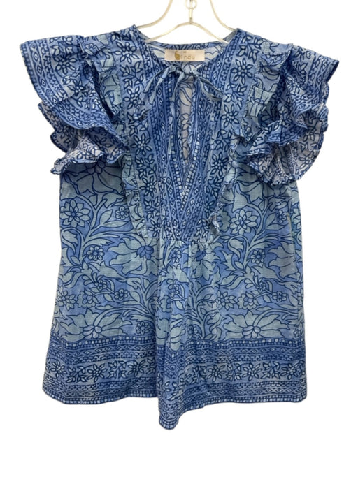 Bindu Size XS Blue Cotton Cap Sleeve Split Neck Floral Top Blue / XS