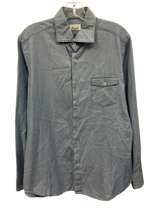 Giannetto Size L Blue Cotton Solid Button Up Spread Collar Long Sleeve Shirt Blue / L