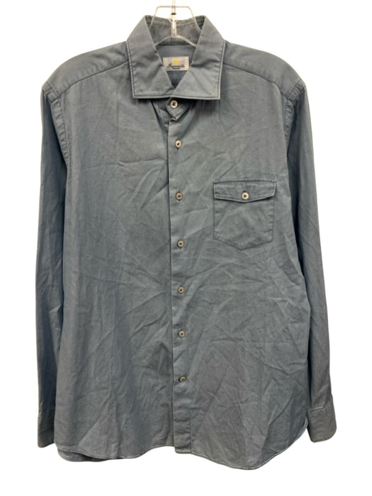 Giannetto Size L Blue Cotton Solid Button Up Spread Collar Long Sleeve Shirt Blue / L