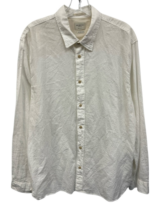 Selected Homme Size 17.5 White Cotton Blend Solid Button Up Long Sleeve Shirt White / 17.5