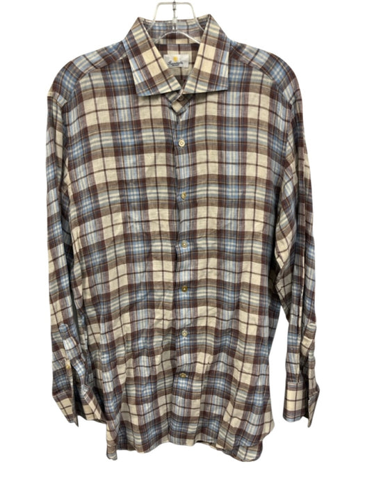 Giannetto Size L Red & Beige Linen Blend Plaid Button Up Men's Long Sleeve Shirt Red & Beige / L