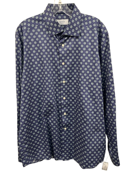Eton Size L Blue & Green Cotton Medallion Button Up Men's Long Sleeve Shirt Blue & Green / L