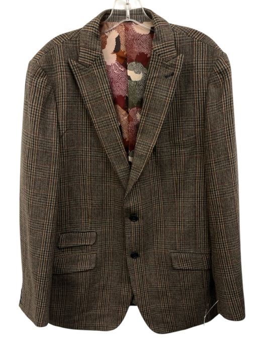 Paisley & Gray Tan & Blue Wool Blend Plaid Peak Lapel 2 Button Men's Blazer Tan & Blue / Est 42