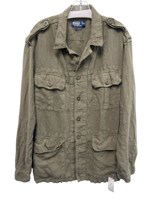 Polo Size L Green Linen Solid Military Button up Men's Jacket Green / L